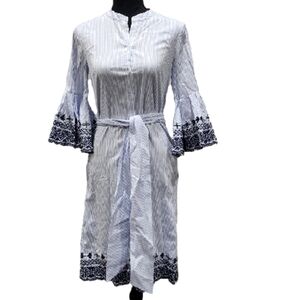 Tahari Striped Belted Ruffled Enbroidered Sleeve Shirt Dress Size 0